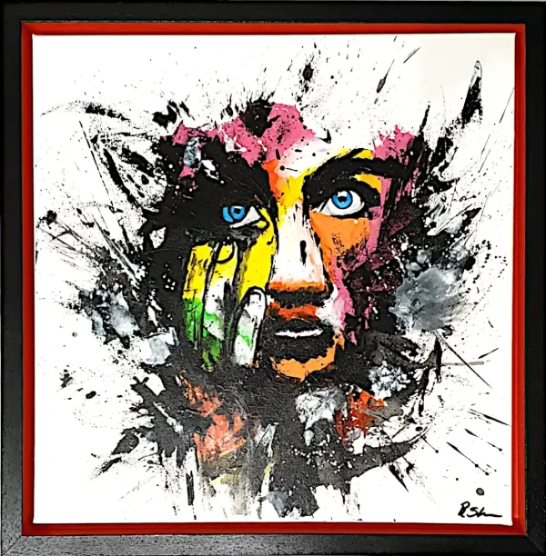 Look in the past - Rasty Stone - Peinture acrylique sur toile - 50x50 cm - Un visage fascinant semble se détacher du chaos des pensées et des souvenirs