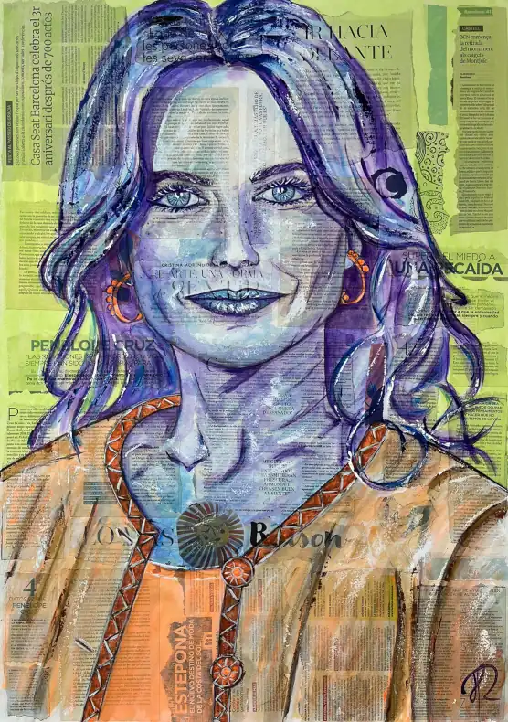 Portrait de Penélope Cruz, par l'artiste Aimère - Acrylique et collage d'extraits de journaux sur toile - Peinture figurative