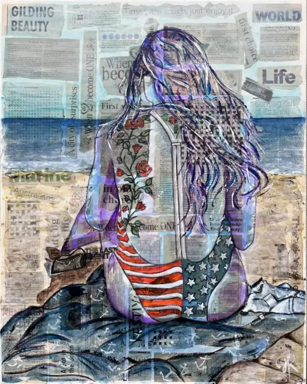 L'australienne - Aimère - Tableau Acrylique et collages sur toile - Peinture figurative féminine