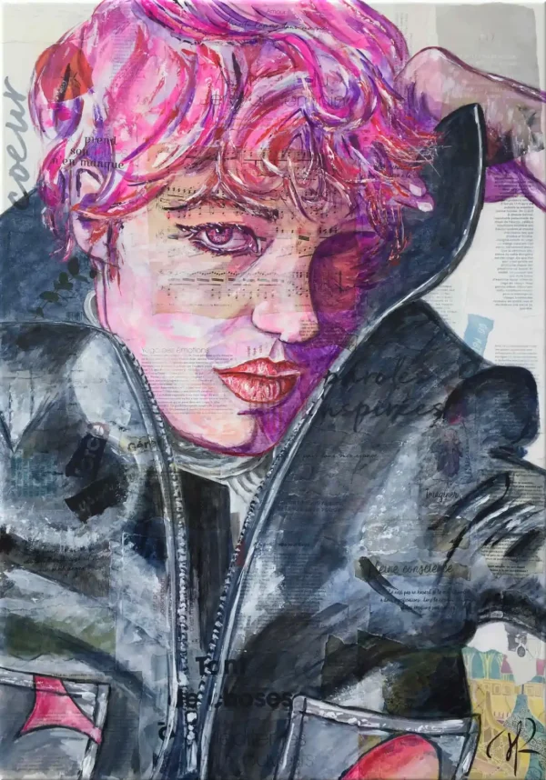 Marynette cache son jeu - Aimère -Portrait -Peinture acrylique et collages