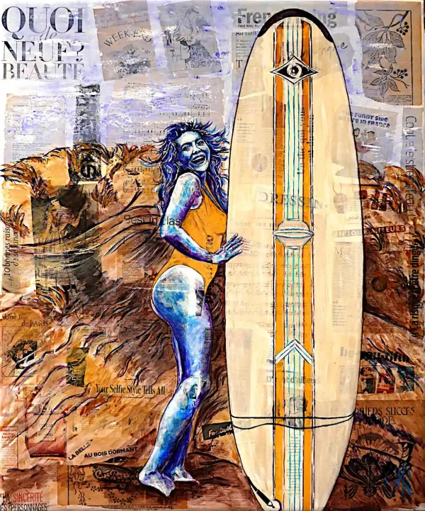 Marynette la surfeuse - Aimère - Acrylique et collages sur toile