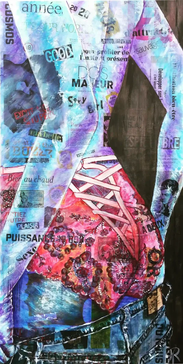 Marynette sexy girl - Aimère - figurative painting - Acrylic painting and collages of newspaper and magazine texts