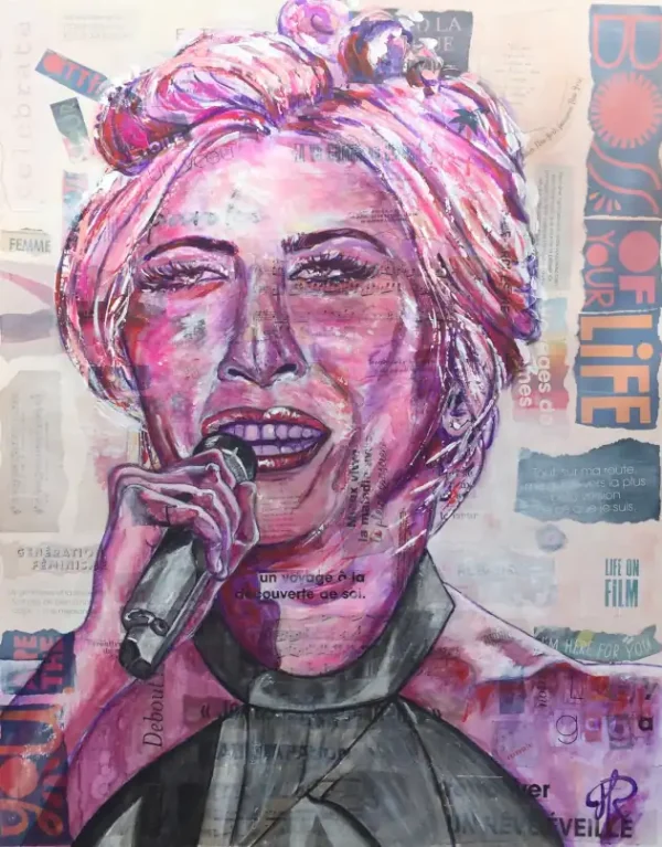 Pink Lady - Portrait de Lady Gaga par Aimère - Acrylique et collages sur toile -92x73 cm