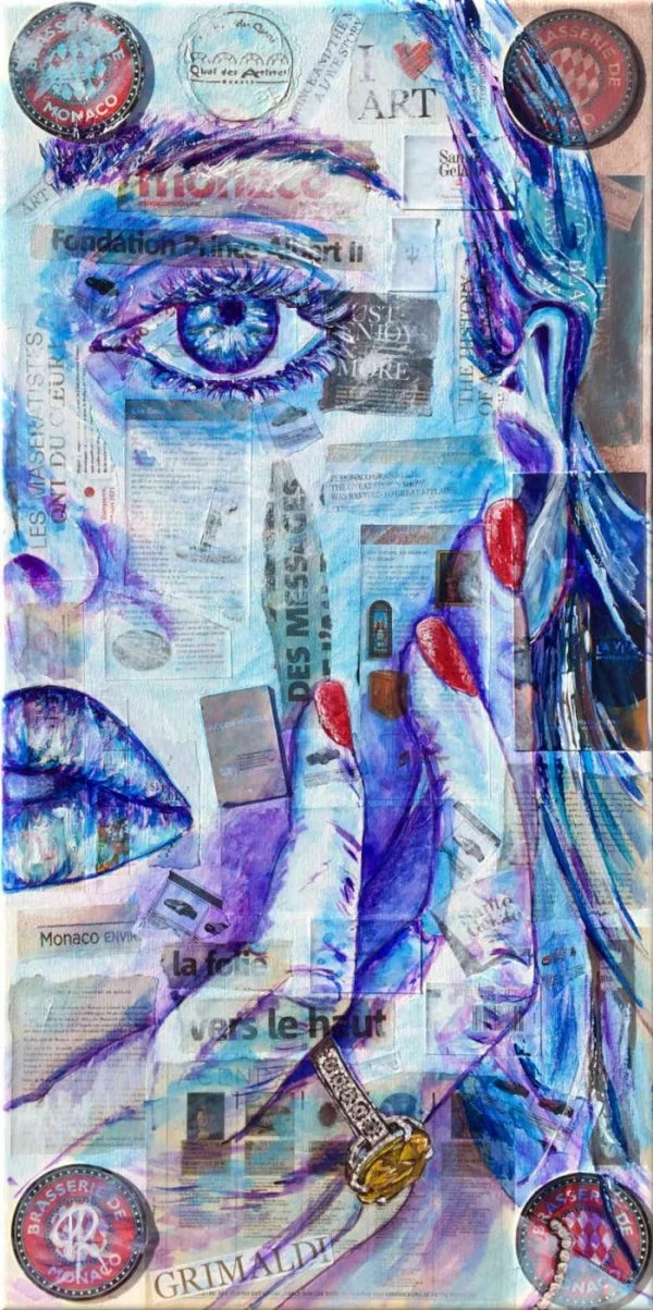 Princesse Marynette - Aimère - Portrait de la princesse Charlène de Monaco - Acrylique sur toile et collages d'extraits de journaux et magazines - Peinture figurative