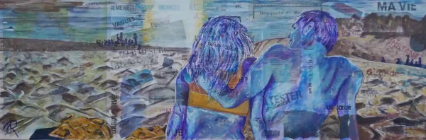 Seuls au monde -Aimère. Peinture figurative d'Aimère, représentant un couple à la plage, assis et vu de dos. Technique Acrylique et collages de textes de journaux, sur toile